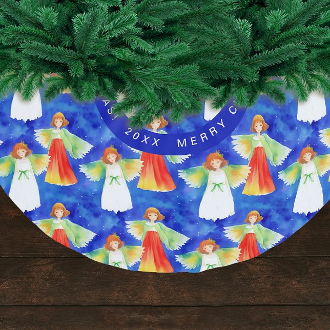 Söta färgglada julängel vattenfärg julgransmatta borstad polyester (Skapare uppladdad)