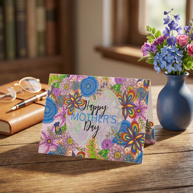 Söta färgglada klotterblommor mors dag kort (Skapare uppladdad)