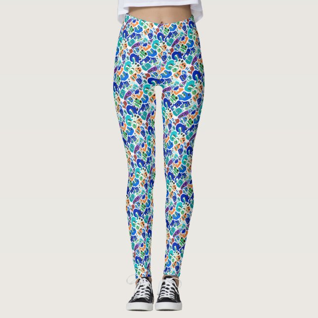 Söta färgglada monster ansiktsmönster leggings (Framsida)