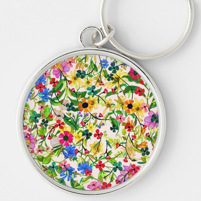 Söta färgglada vårblommor blommor rund silverfärgad nyckelring (Framsidan)