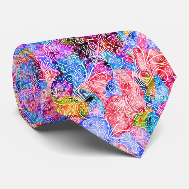 Söta färgglada vita blommönster slips (Rullad)