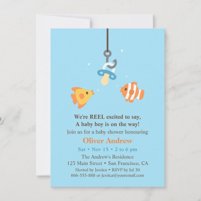 Söta fisklockbeten Fiske Baby Shower Inbjudningar (Framsida)