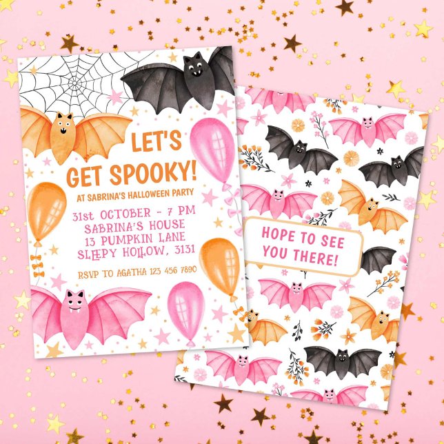 Söta fladdermöss och ballonger Pastell Halloween Inbjudningar (Cute Bats and Balloons Pastel Halloween Invitation)