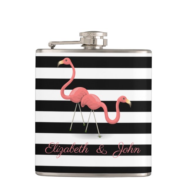 Söta flamingos, svarta vita ränder, personlig fickplunta (Framsidan)