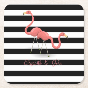 Söta Flamingos, Svarta Vita Ränder, Personlig Underlägg Papper Kvadrat