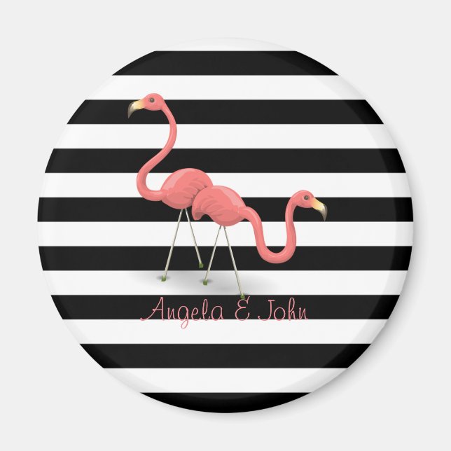 Söta flamingos, svarta, vita ränder personliga magnet (Framsidan)