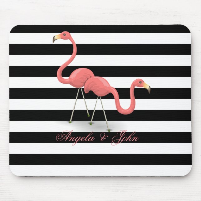 Söta flamingos, svarta, vita ränder personliga musmatta (Framsidan)