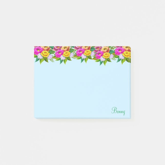 Söta flerfärgade blommor på ljusblått post-it block (Framsida)