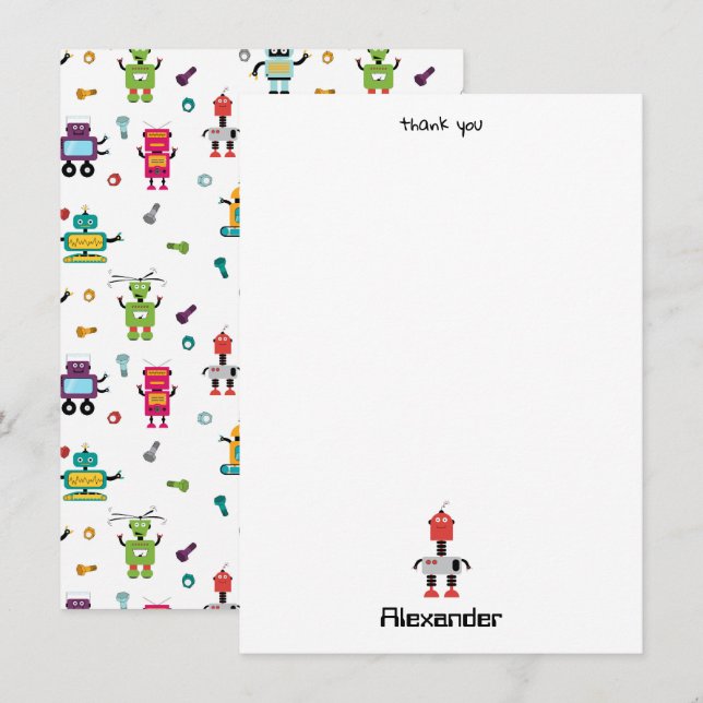 Söta flerfärgade robotar Barn Robot Anpassat namn Tack Kort (Fram/baksida)