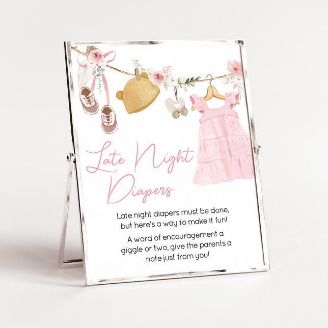 Söta Flicka Boho Kläder för sent på natten Poster (Sweet Baby Girl Boho Clothes Baby Shower Late Night Diapers Sign)