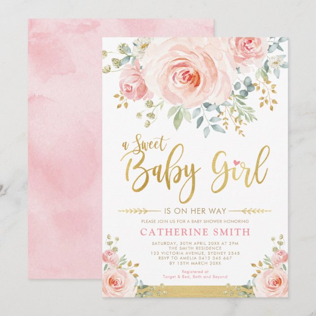 Söta Flicka  Rosa Guld Blommigt Babykläder Inbjudningar (Fram/baksida)