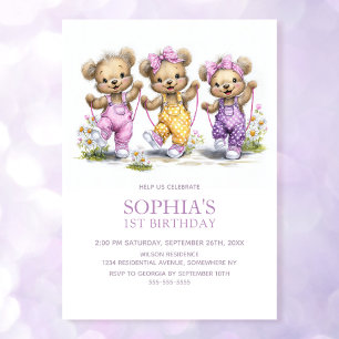 Söta flicka Teddybjörnar hoppar rep 1-års födelsed Inbjudningar