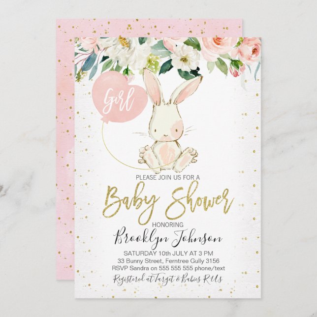 Söta flickans Blommigt Bunny Baby Shower-inbjudan Inbjudningar (Fram/baksida)