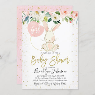 Söta flickans Blommigt Bunny Baby Shower-inbjudan Inbjudningar