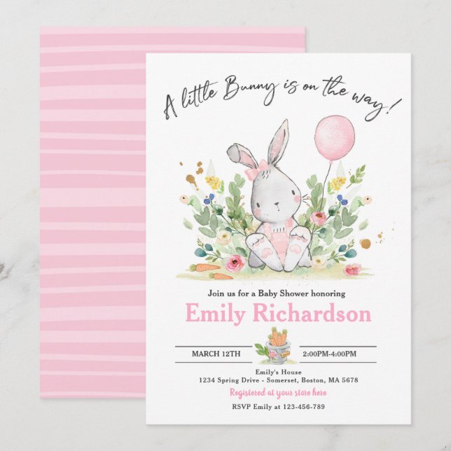 Söta Flickans vattenfärgsbunjor Babyskor Rosa Inbjudningar (Fram/baksida)