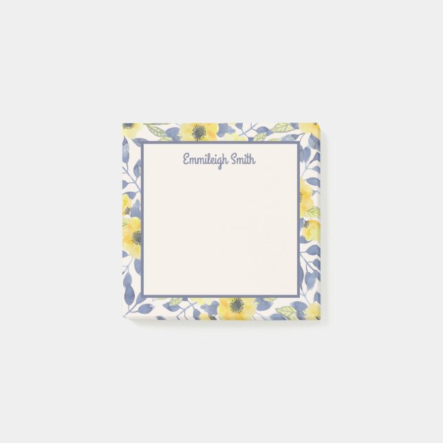 Söta flickiga dammiga blå gula blommor kräm post-it block (Framsida)