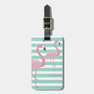 Söta flickiga rosa flamingos på mintgröna vita rän bagagebricka