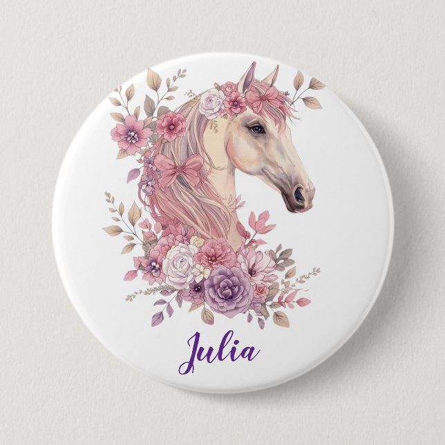 Söta flickor Pastell Rosa Lila Häst Monogram Knapp (Framsida)