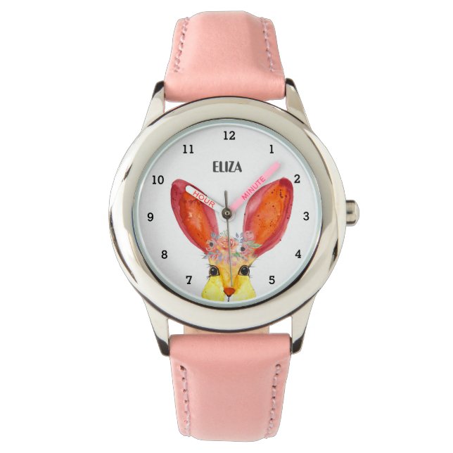 Söta Flickor Rosa Kanin Djur Barn Blommig Armbandsur (Framsida)