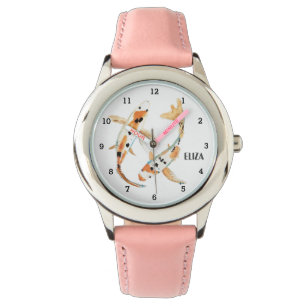 Söta Flickor Rosa Koi Fisk Djur Barn Blommig Armbandsur