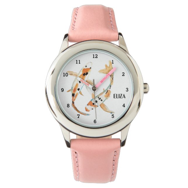 Söta Flickor Rosa Koi Fisk Djur Barn Blommig Armbandsur (Framsida)