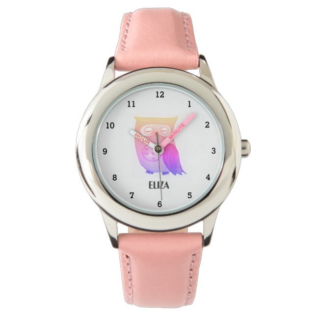 Söta Flickor Rosa Uggla Fågel Djur Barn Blommig Armbandsur (Framsida)