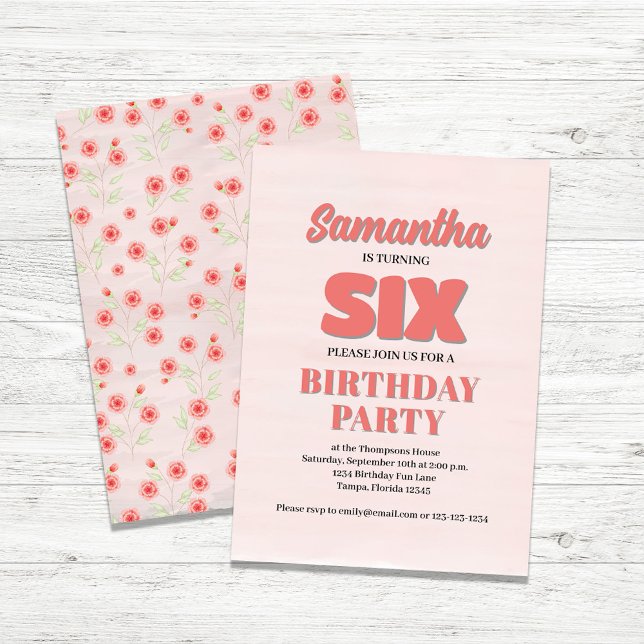 Söta Flickors Sjätte Födelsedagsfest Blommig  Inbjudningar (Girl's Sixth birthday party invitations. )