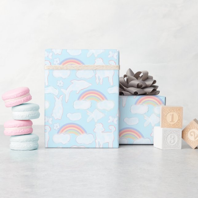 Söta Fluffiga Moln Djurformade och Regnbågar Presentpapper (Baby Shower)