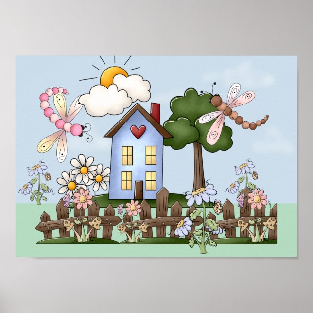 Söta folkliga lanthus och staketkonst poster (Framsidan)