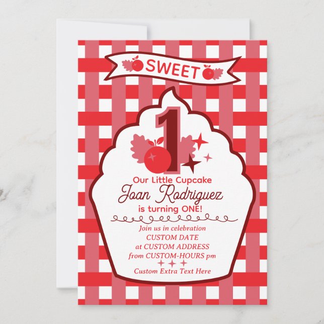 Söta Första Födelsedags Gingham Fotoinbjudningar Inbjudningar (Framsida)