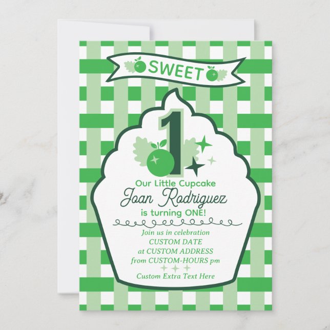 Söta Första Födelsedags Gingham Fotoinbjudningar Inbjudningar (Framsida)