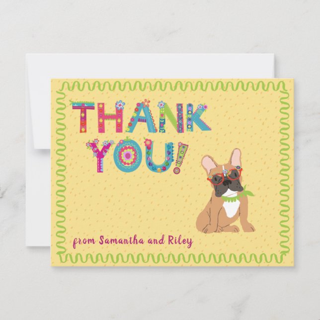 Söta franska bulldoggar roliga blommiga bokstäver tack kort (Framsida)