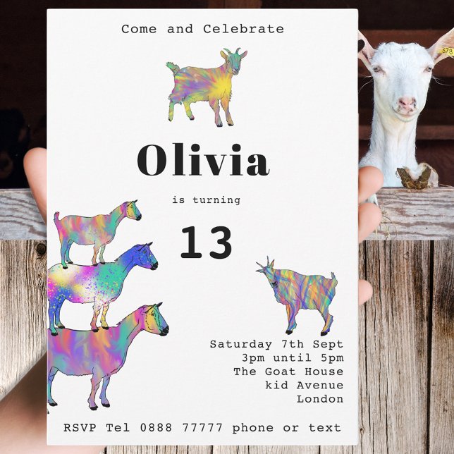 Söta getter flickors födelsedagsfest färgglad inbjudningar (Goat themed farm animal 13th birthday party invitation with fun colorful watercolor animal art)