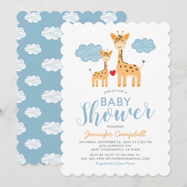 Söta giraffmoder och barn Baby Shower Inbjudningar (Fram/baksida)