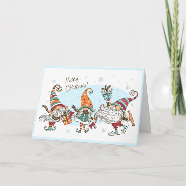 Söta glada jul tomtegnomer vattenfärg kul P Kort (Framsida)