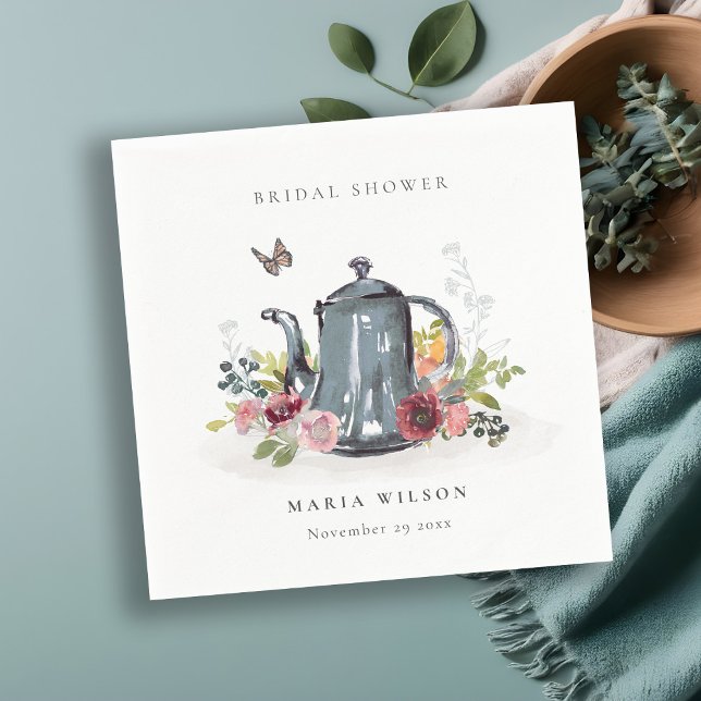 Söta glada rosor blommande tekanna bröllopsdusch pappersservett (Skapare uppladdad)