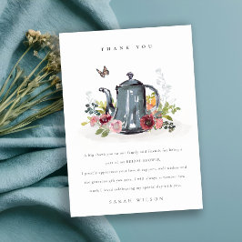 Söta glada rosor blommande tekanna bröllopsdusch tack kort