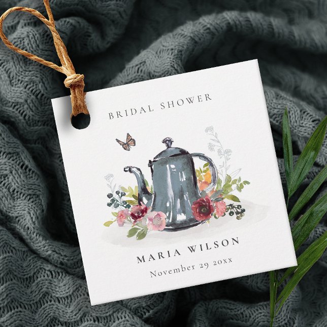 Söta glada rosor blommande tekanna bröllopsfest gåvor etiketter (Skapare uppladdad)