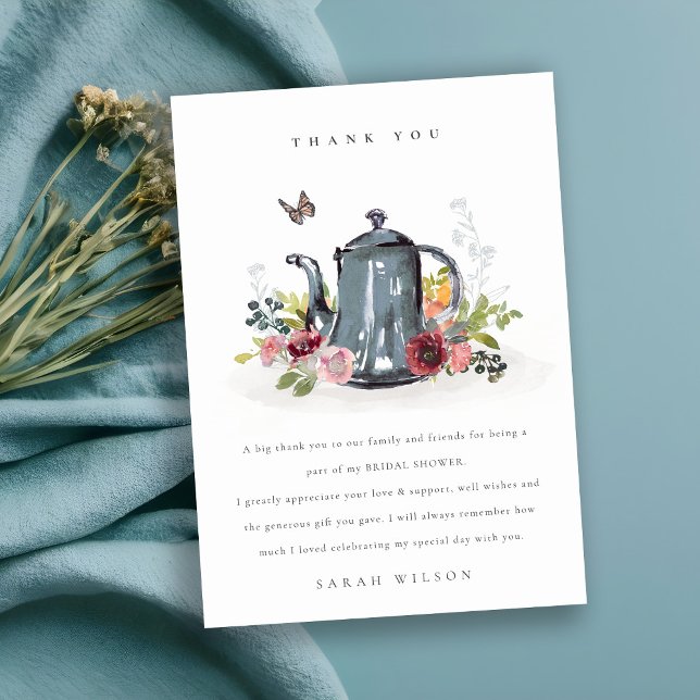 Söta glada rosor blomstertekanna bröllopsdusch tack kort (Skapare uppladdad)