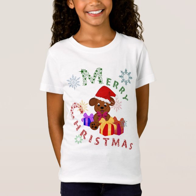 Söta God Jul Valppresenter och Snöflingor T Shirt (Framsida)