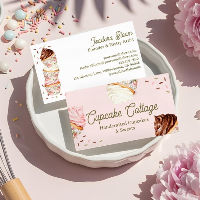 Söta gods Cupcakes & Tåror Elegant Blommig Visitkort (Sweet Treats Cupcakes & Cakes Elegant Floral Business Card)