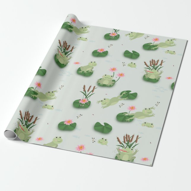 Söta grodor i näckrosdamm presentpapper (Utrullad)
