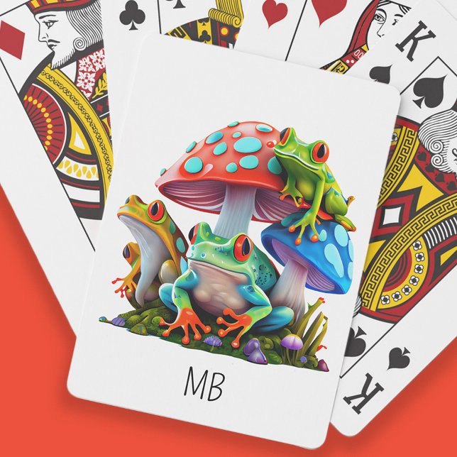 Söta grodor röda blå svampar monogram  casinokort (Cute frogs and colorful mushrooms/toadstools playing cards customized with your monogram/initials)