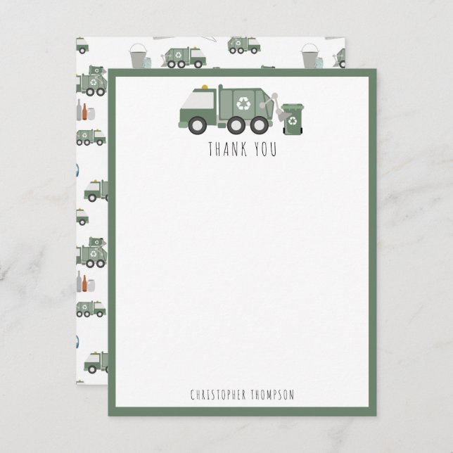 Söta gröna återvinningsbilfordon Barnnamn Tack Kort (Fram/baksida)