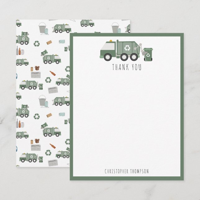 Söta gröna återvinningsfordon för barn namn tack kort (Fram/baksida)