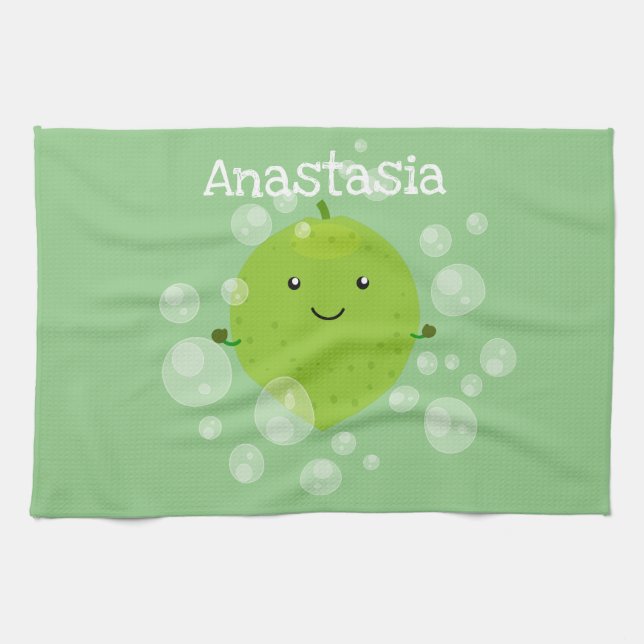 Söta gröna limebubblor serieillustration kökshandduk (Horisontell)