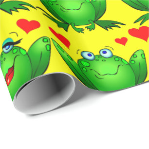 Söta Gröna Tecknade Grodor Kärlek Hjärtan Gula Presentpapper
