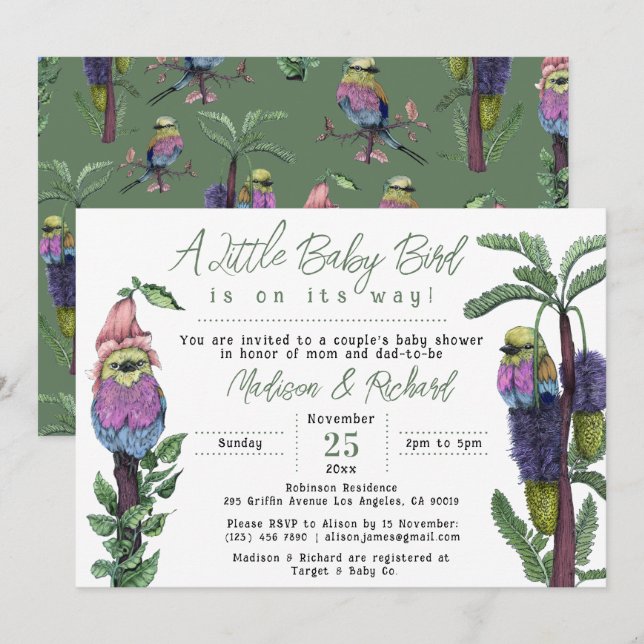 Söta Gröna Tropiska Fåglar Par Baby Shower Inbjudningar (Fram/baksida)