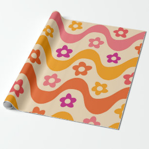 Söta groovy blommönster på retro vågor presentpapper