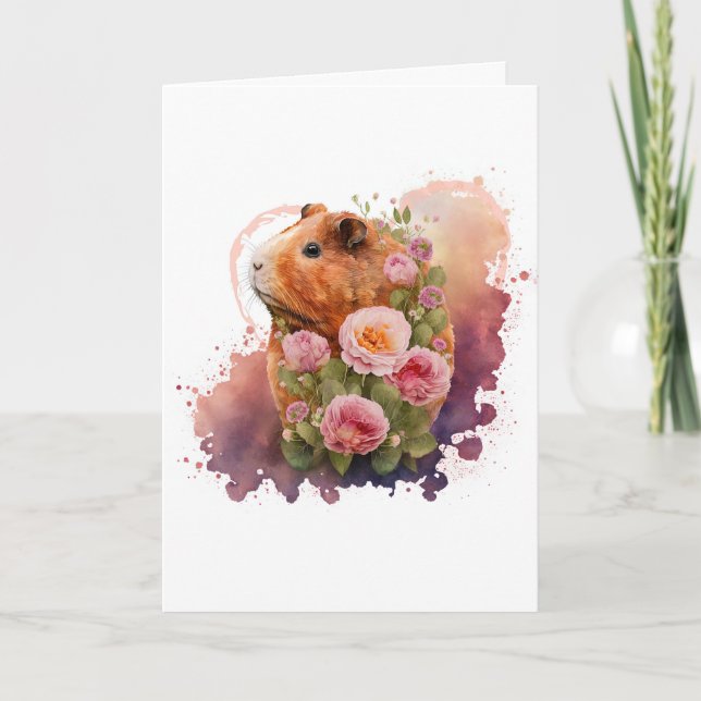 Söta Guinea Gris i Rosa Flowers Valentindag Helgkort (Framsida)